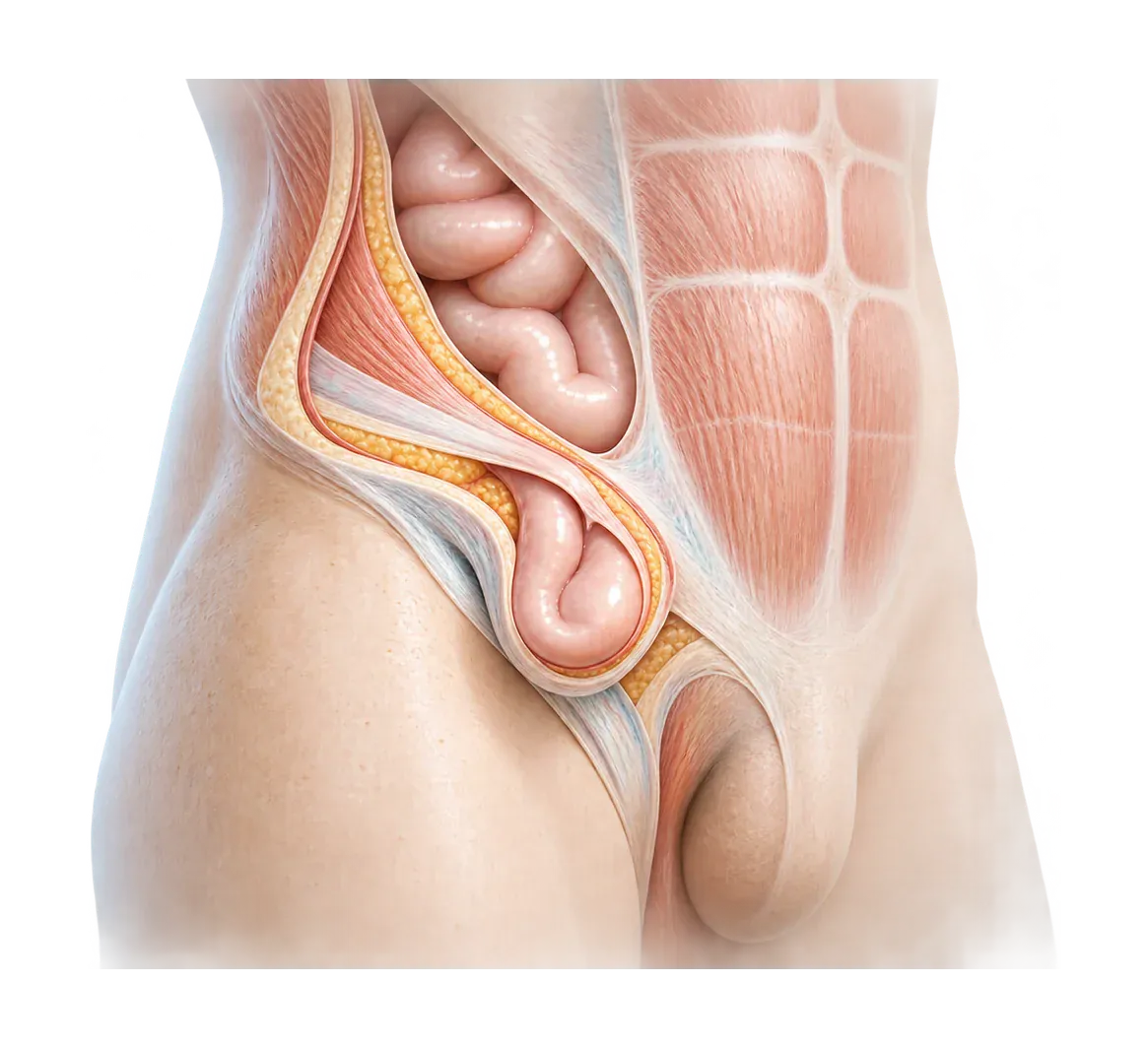 Anatomska ilustracija dimeljske kile s prerezom trebušne stene