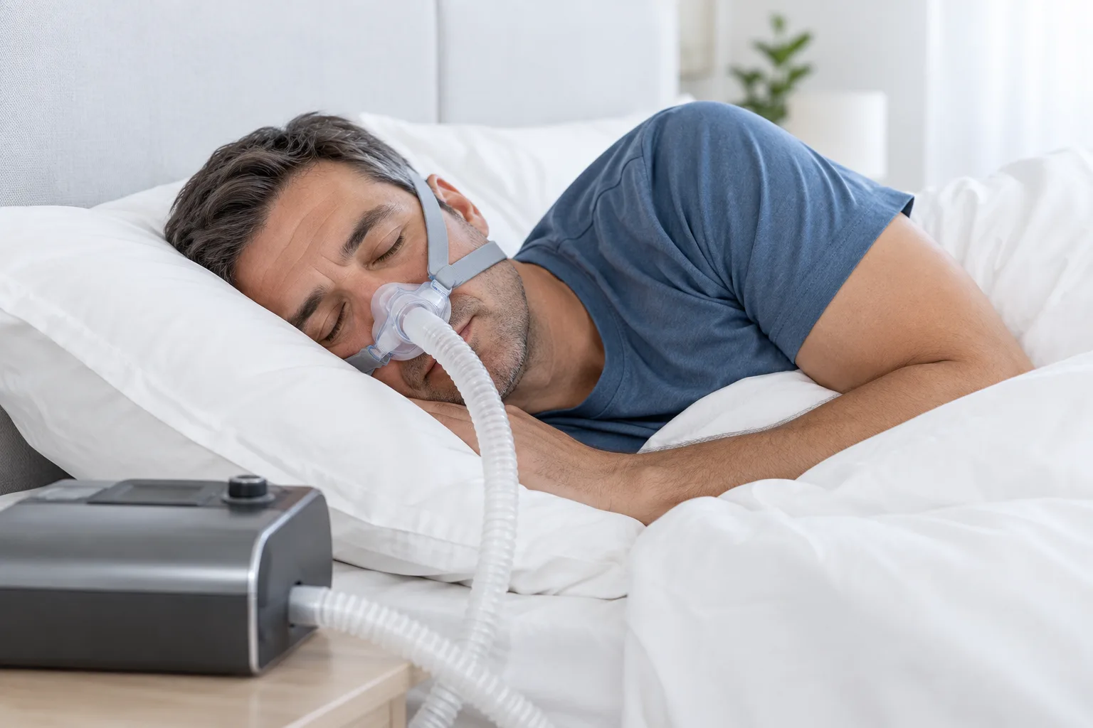 Moški spi z masko CPAP, priključeno na napravo ob postelji