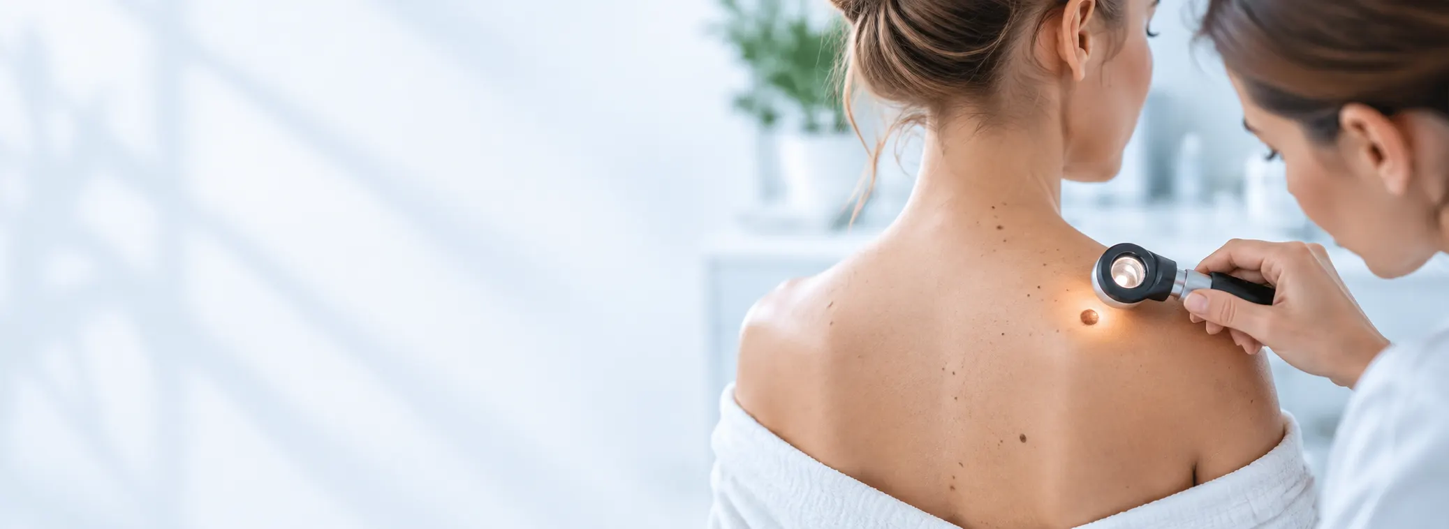 Dermatologinja z dermatoskopom pregleduje kožno znamenje na rami pacientke
