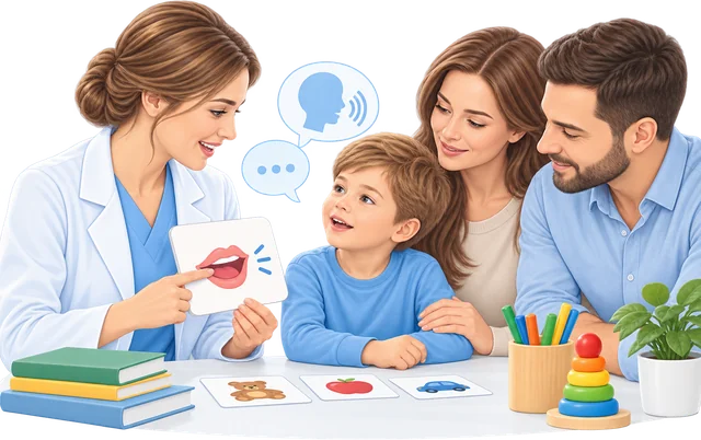 Ilustracija logopedinje, ki staršem in otroku pokaže vajo s slikovno kartico