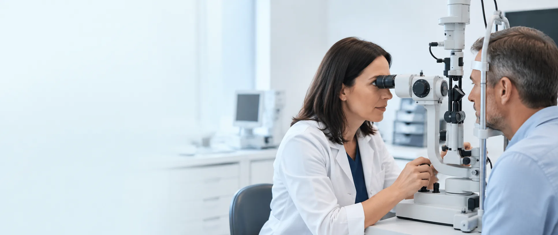 Zdravnica med pregledom vida pacienta v ambulanti medicine dela