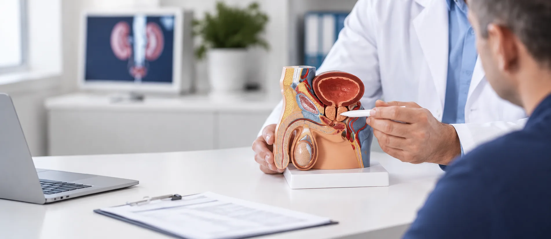 Urolog pacientu na anatomskem modelu razlaga zgradbo sečil in prostate
